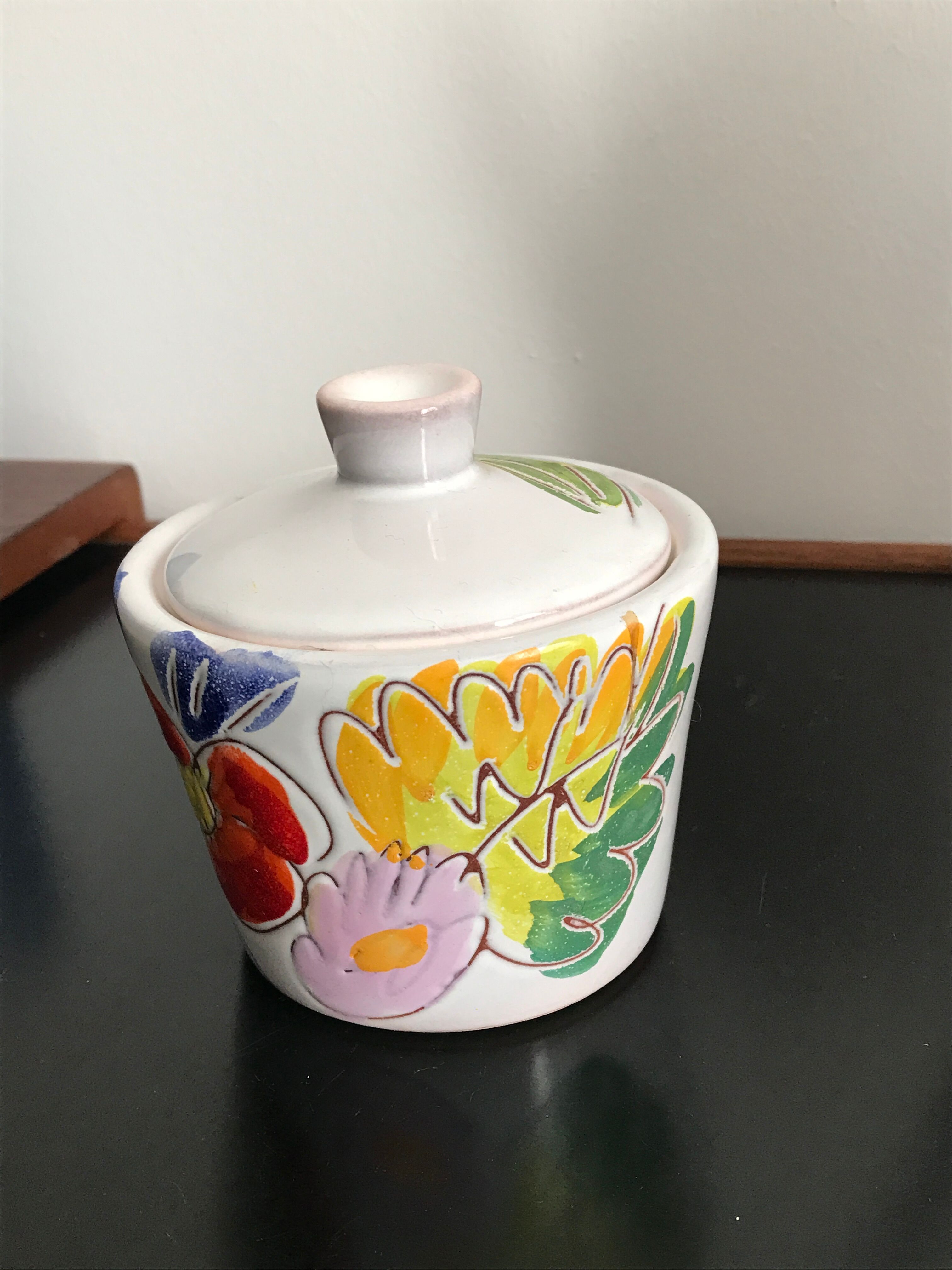 Vallauris coffee service engraved and hand painted - coffee maker and sugar pot fleuris vallauris
