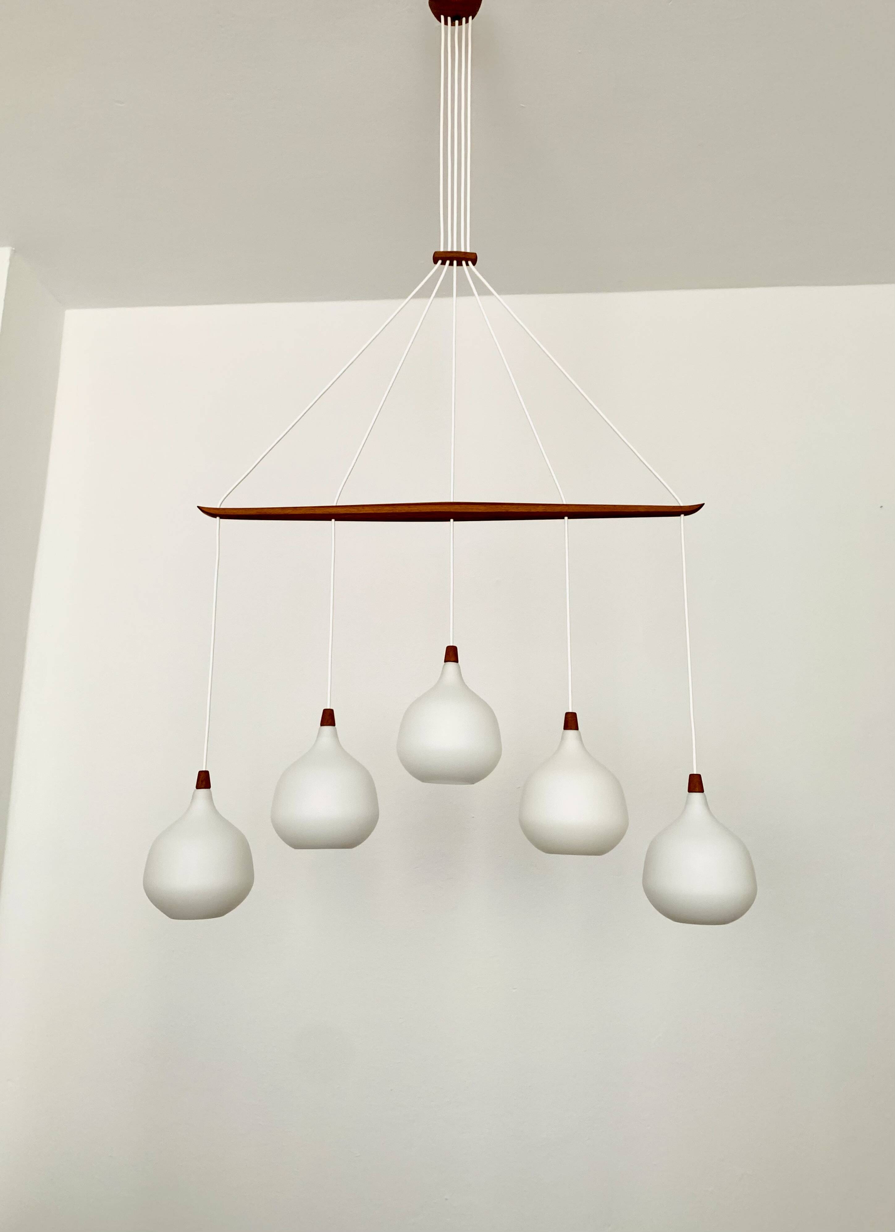 Opaline and Teak Chandelier by Uno and Östen Kristiansson