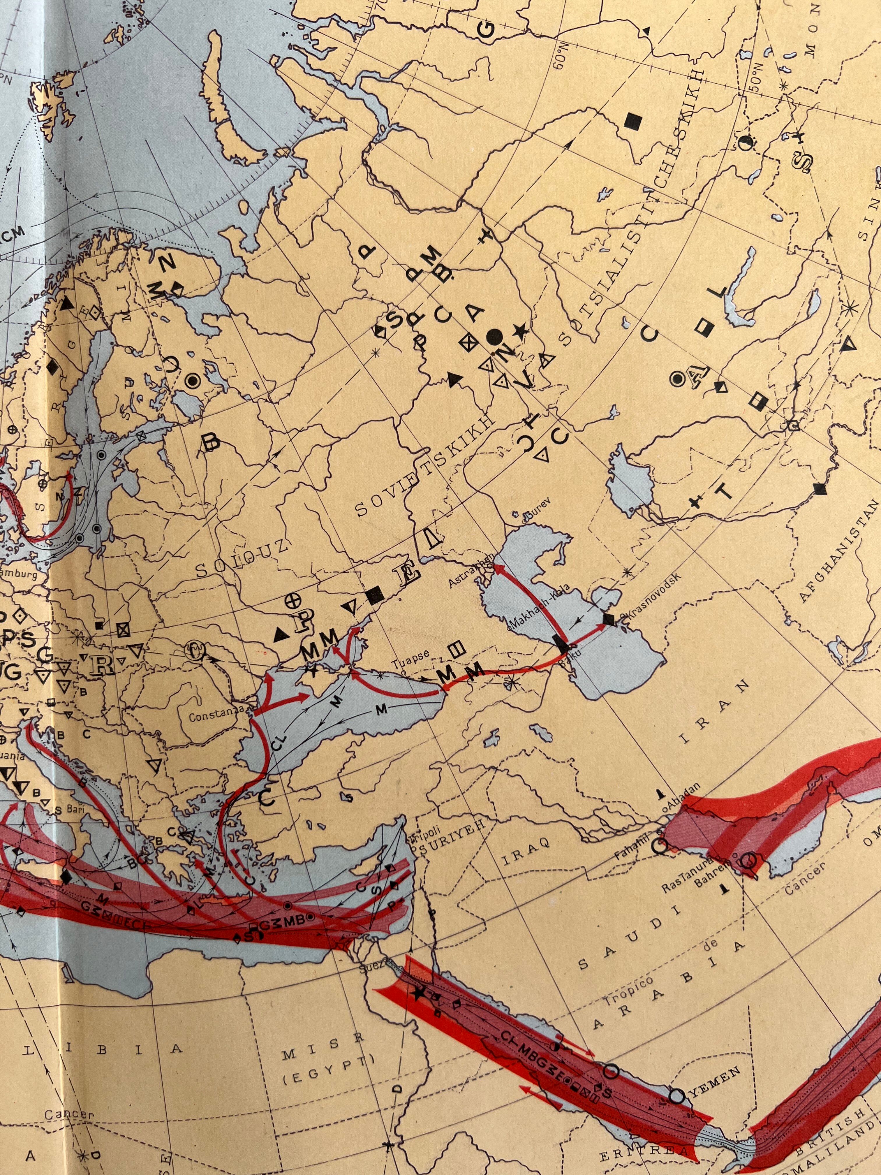 Old Map of Mines and Energy Sources — Northern Hemisphere | Oil,