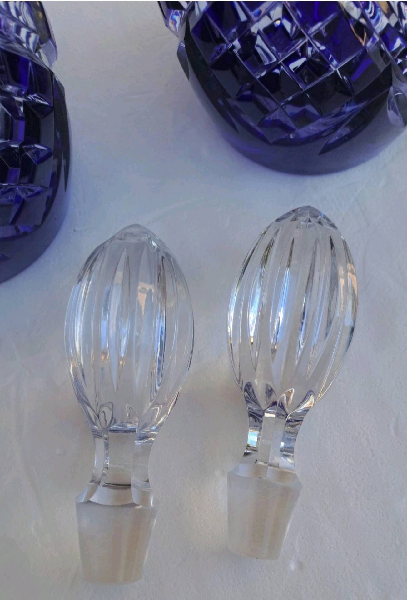 Pair of cobalt blue crystal carafes