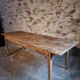 Antique French pine dining table, large farmhouse table on wheels, 19th century.