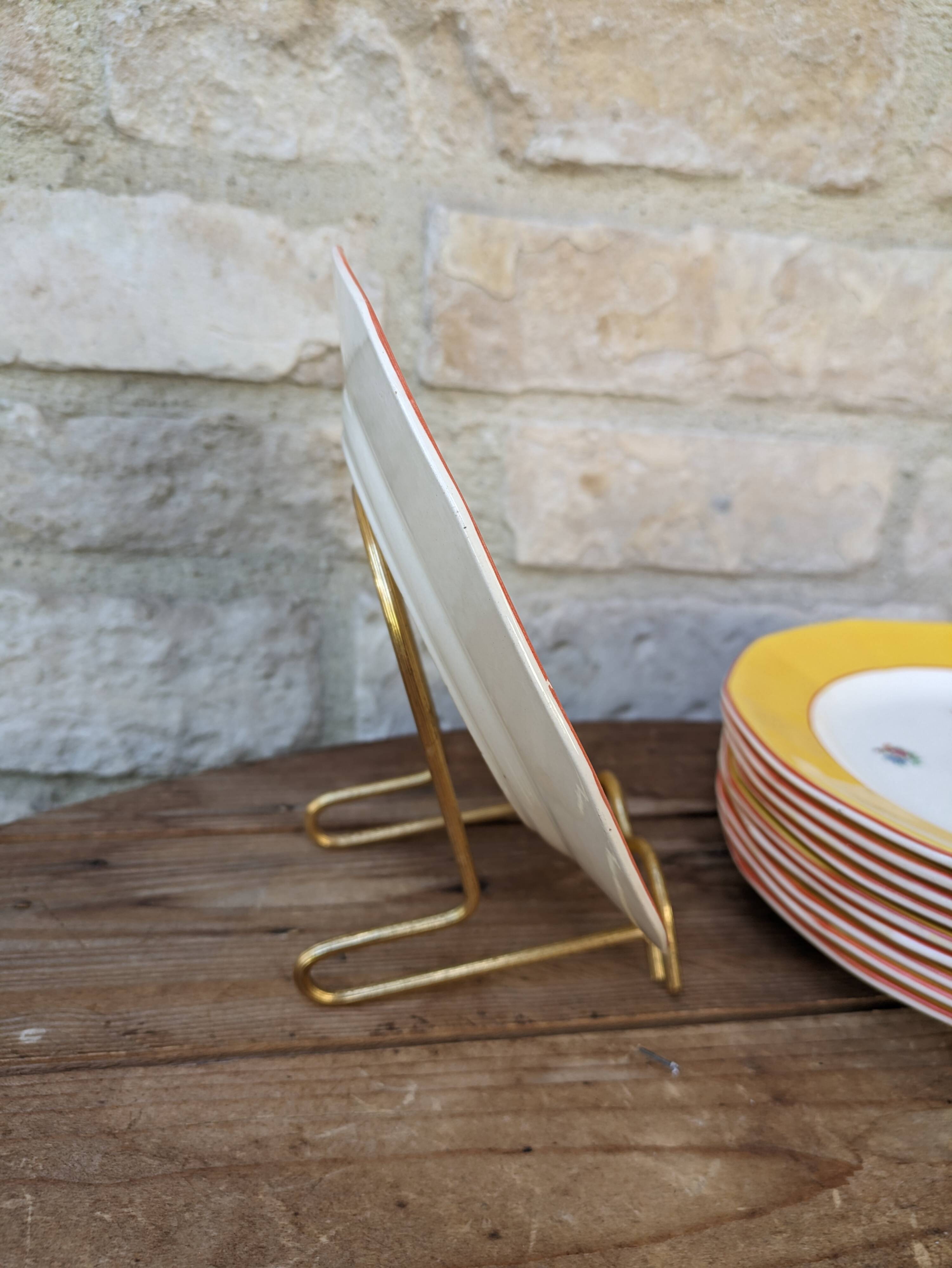 Set of 10 dessert plates with yellow border and floral decoration Sarreguemines