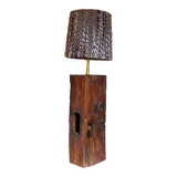 Brutalist lamp Art-populaire in solid wood, wool lampshade