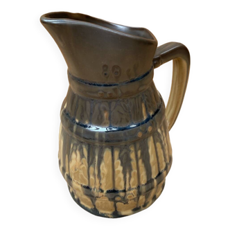 Antique Barrel Shaped Pitcher Glazed Stoneware Beige & Blue Vintage Service