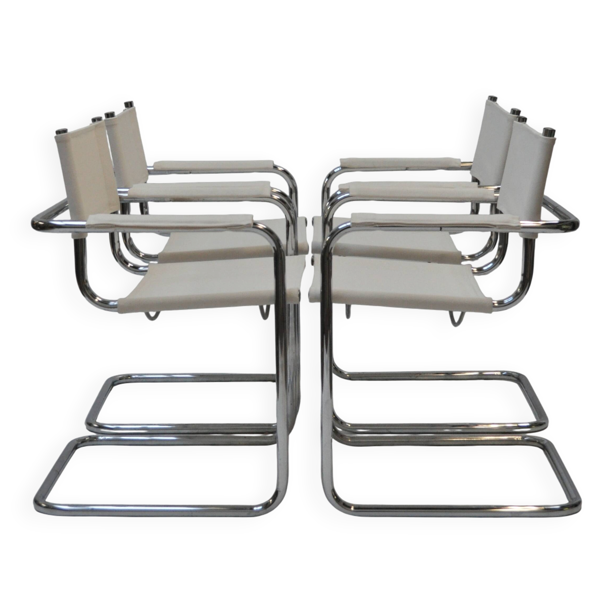 Set of 4 Chrome Sled-Base Chairs, Reupholstered in Italian Chioccarello Lin