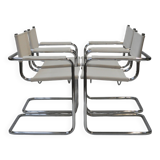 Set of 4 Chrome Sled-Base Chairs, Reupholstered in Italian Chioccarello Lin