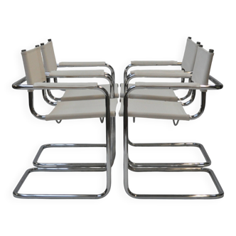 Set of 4 Chrome Sled-Base Chairs, Reupholstered in Italian Chioccarello Lin