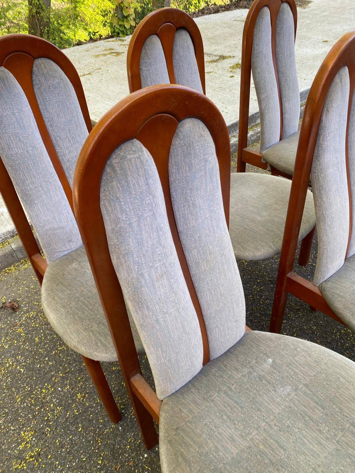 6 vintage cherry wood dining chairs with tweed fabric in MCM style 1970.