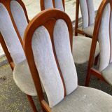 6 vintage cherry wood dining chairs with tweed fabric in MCM style 1970.