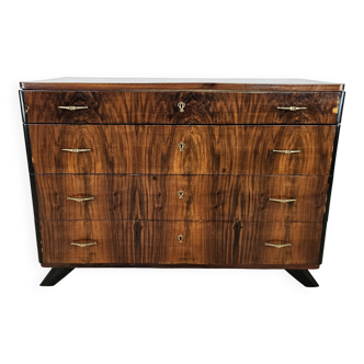 Art Decò chest of drawers in mahogany burl with lacquered profiles