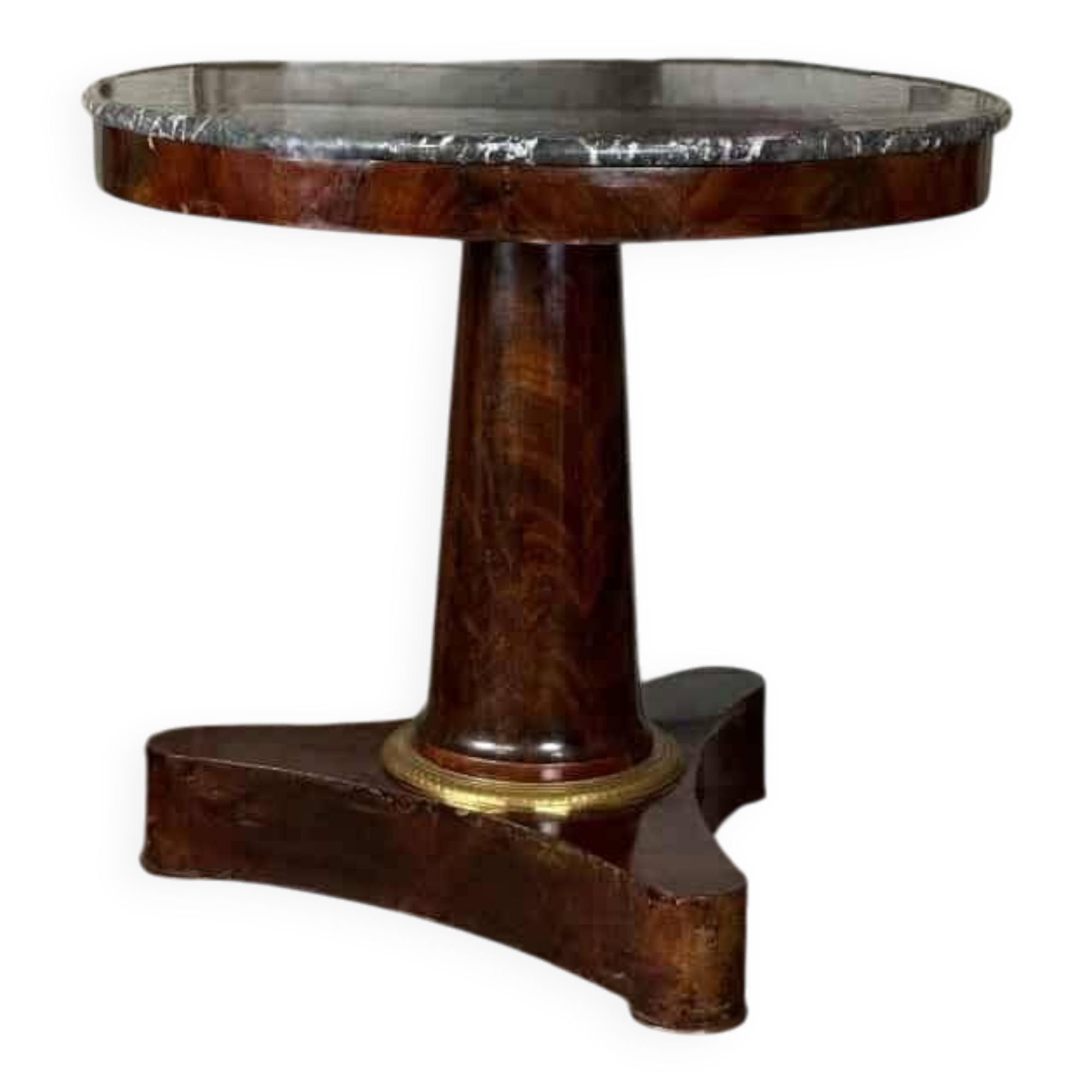 Empire style pedestal table in mahogany, gilt bronze, grey Saint Anne marble top, circa 1800