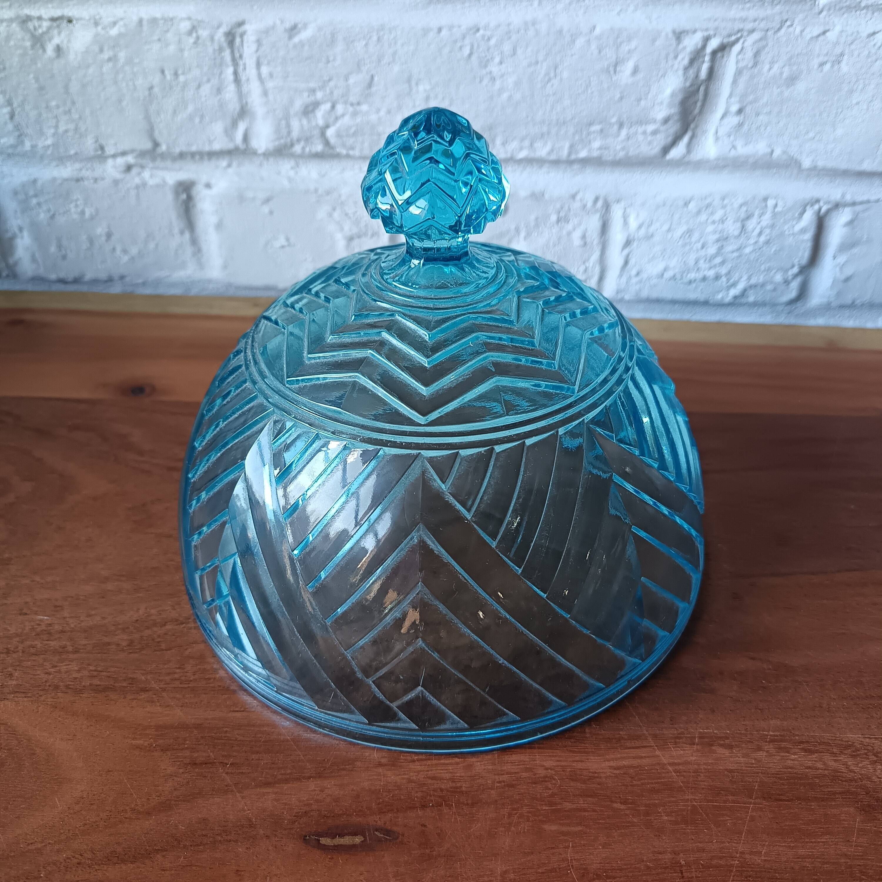 Turquoise glass dish with a dome, vintage glass dish.