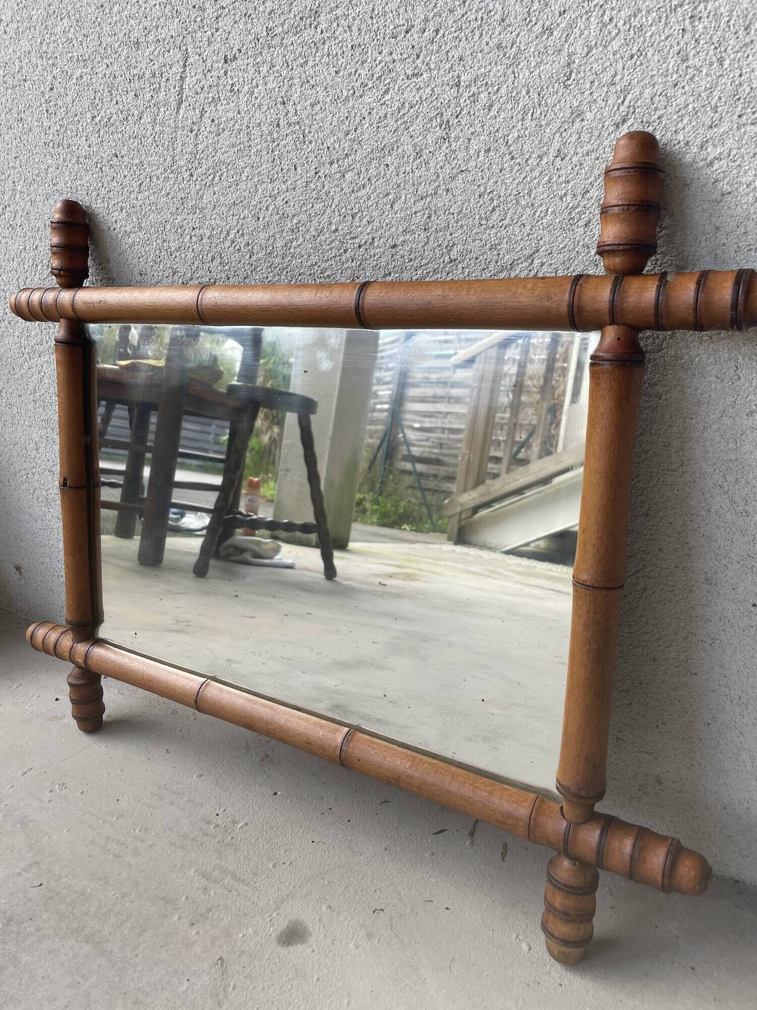 miroir ancien en bois tourné imitation bambou 1940