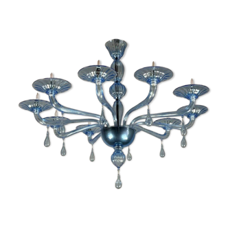 Blue Murano Glass Venetian Chandelier, 10 Light Arms, Venini Model,