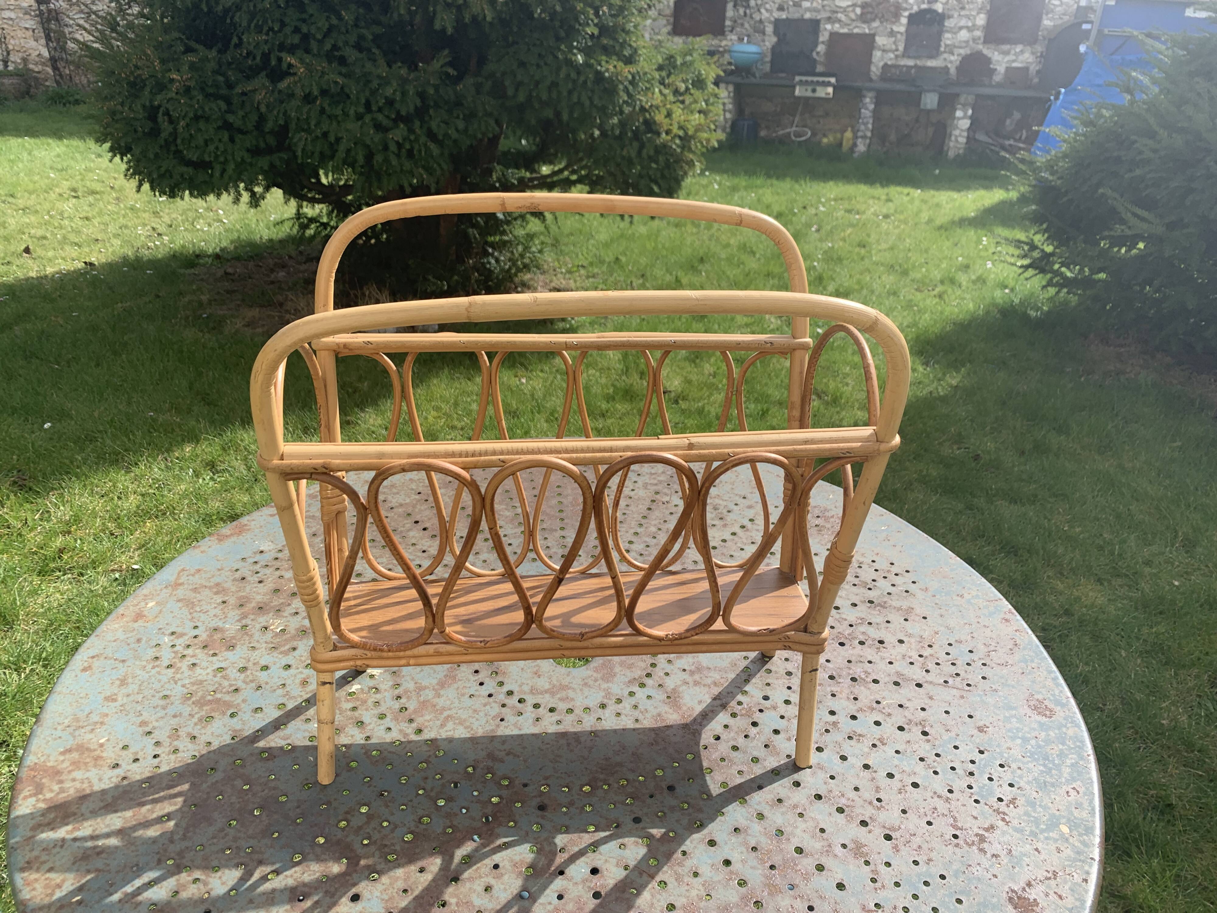 Vintage bamboo and rattan magazine holder 1960