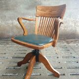 Antique office chair oak adjustable with green leather