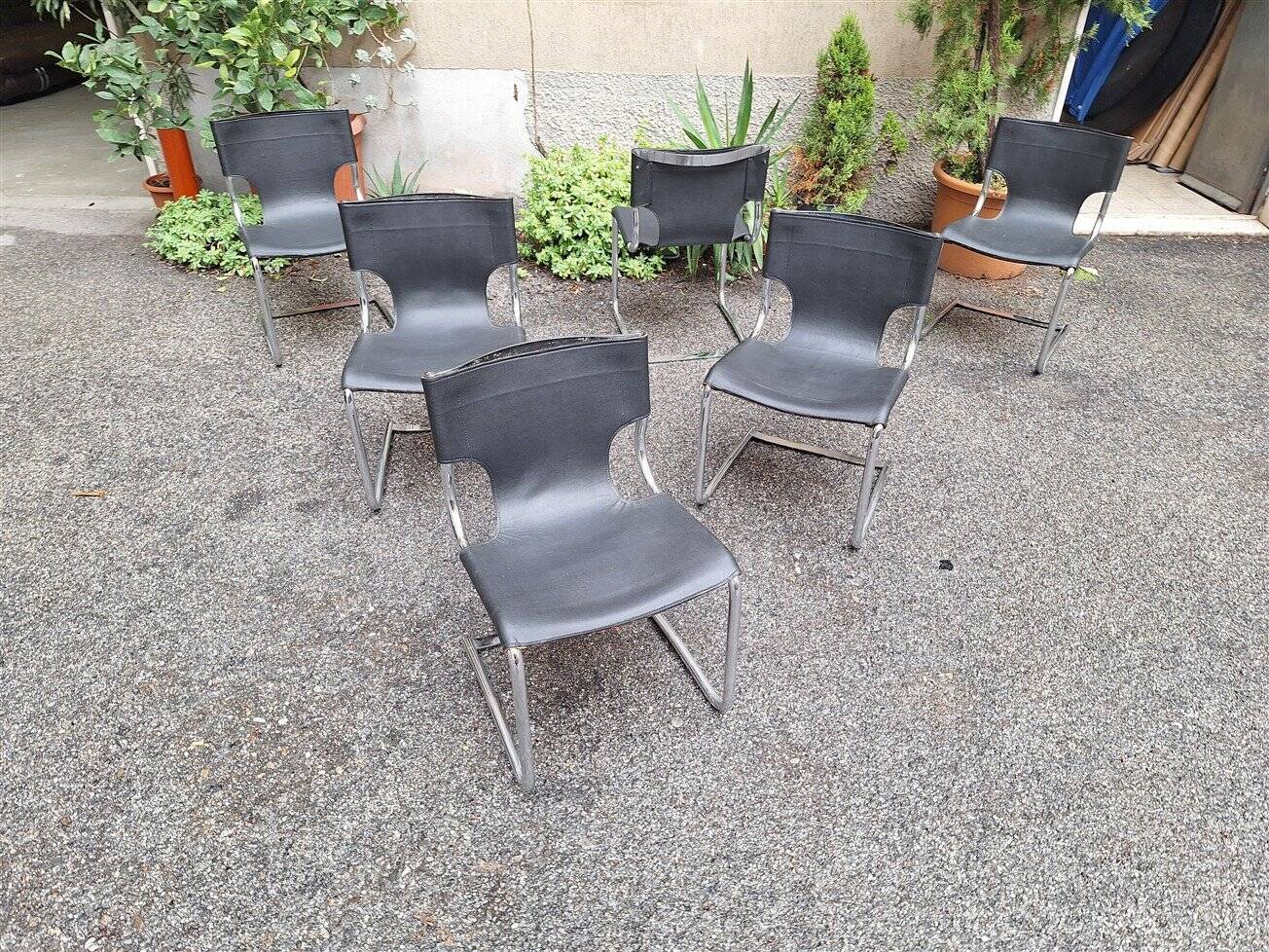 Model 920 Chairs in Chrome and Black Leather by Carlo Bartoli for T70, 1970s, Set of 6