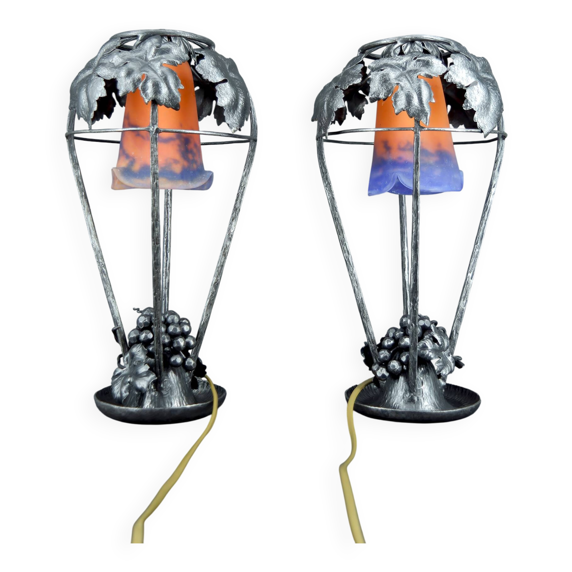 Pair of Wrought Iron Lamps, Vine Theme, Müller Frères, Art Deco, 1925