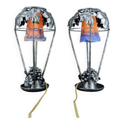 Paire de Lampes Fer Forgé, Thème de la Vigne, Müller Frères, Art Déco, 1925