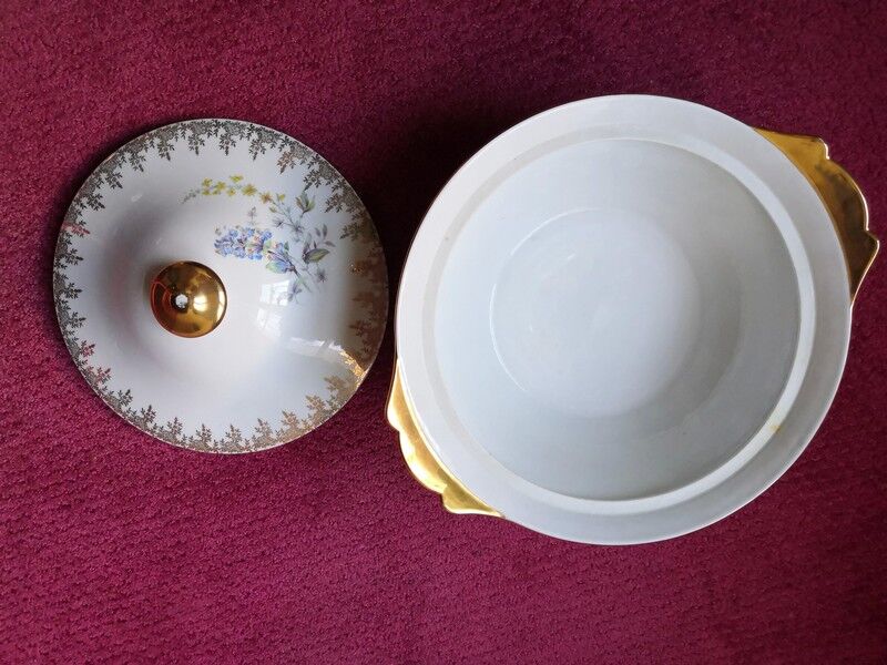 Limoges porcelain soup tureen Mehun sur Yevre Cher flower and gold decoration