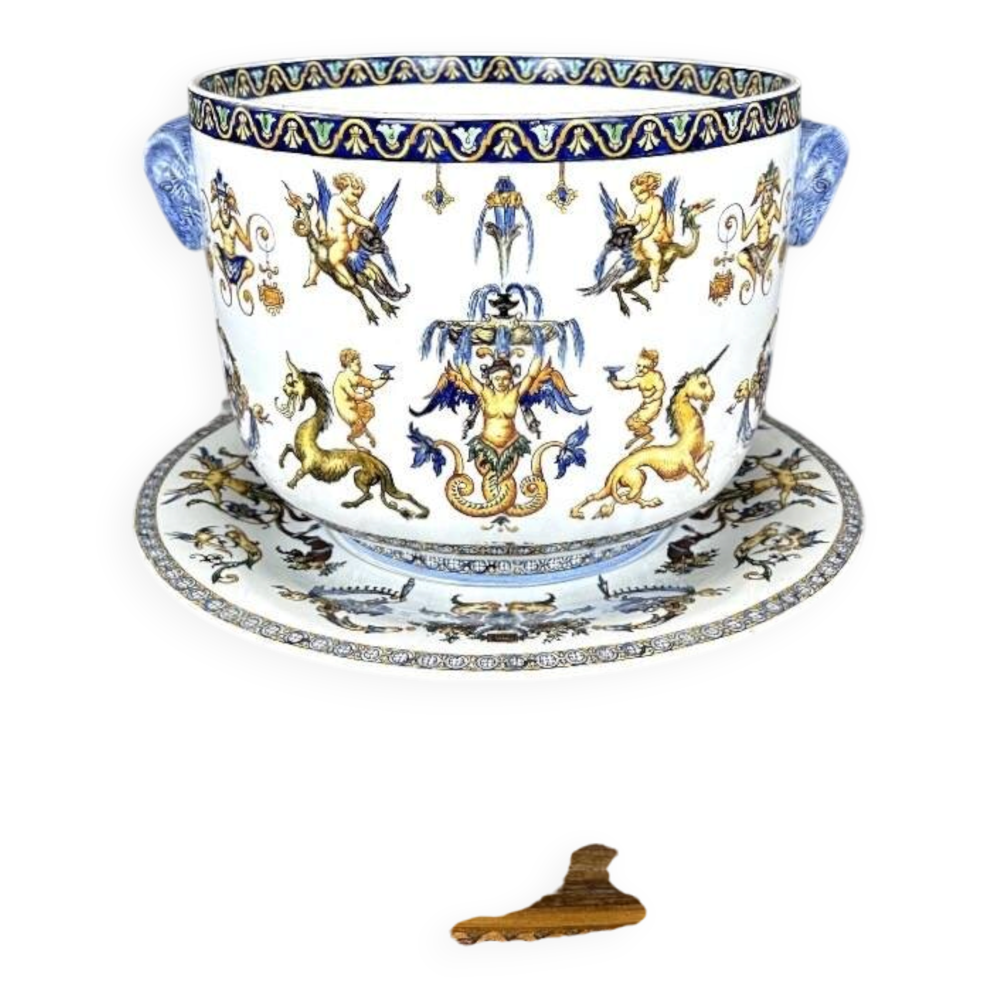 Cache-pot et son présentoir Gien, Collection Renaissance, XXe Siècle