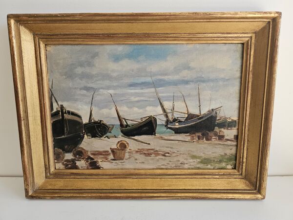 Tableau Huile sur Panneau - Marine Bateaux sur plage signé (à identifier)