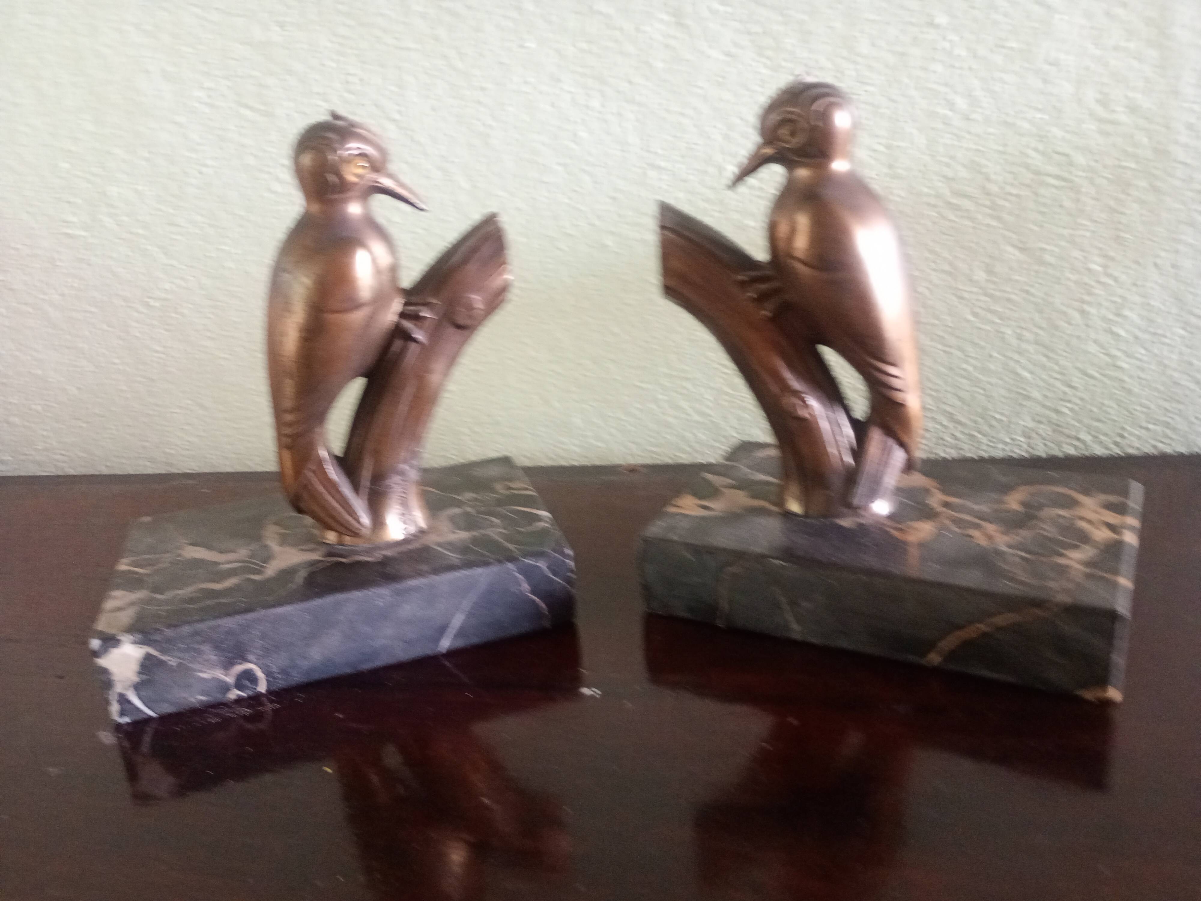 Frajou - Paire de Serre-livres aux oiseaux Pic & marbre portor