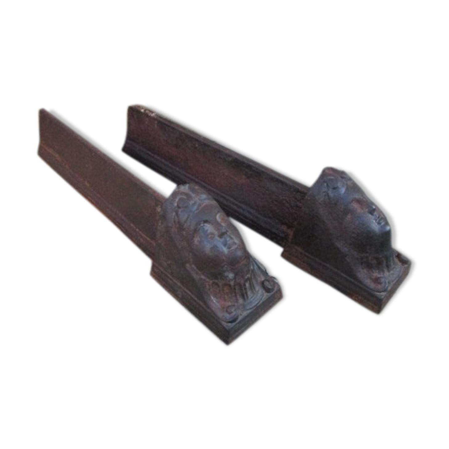 Pair of ancient cast iron channels, antique heads