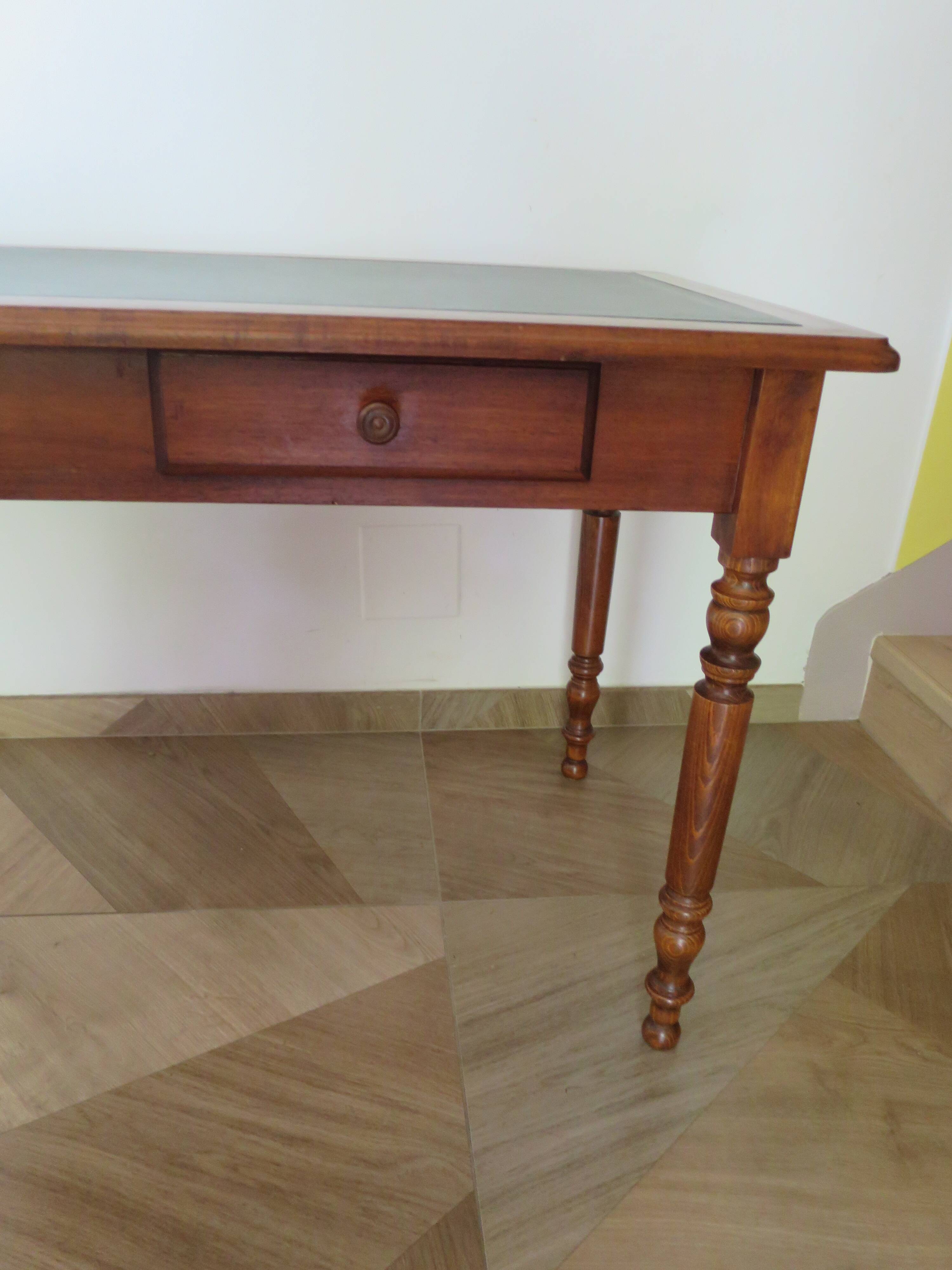 Minister's desk in Louis Philippe style – 2 drawers – cherry wood – green writing pad