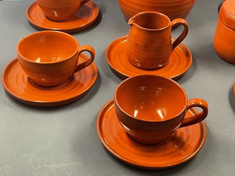 Details on Orange Tea (or Coffee) Service, Vintage 1970" Vallauris? signed B. Aoustin design