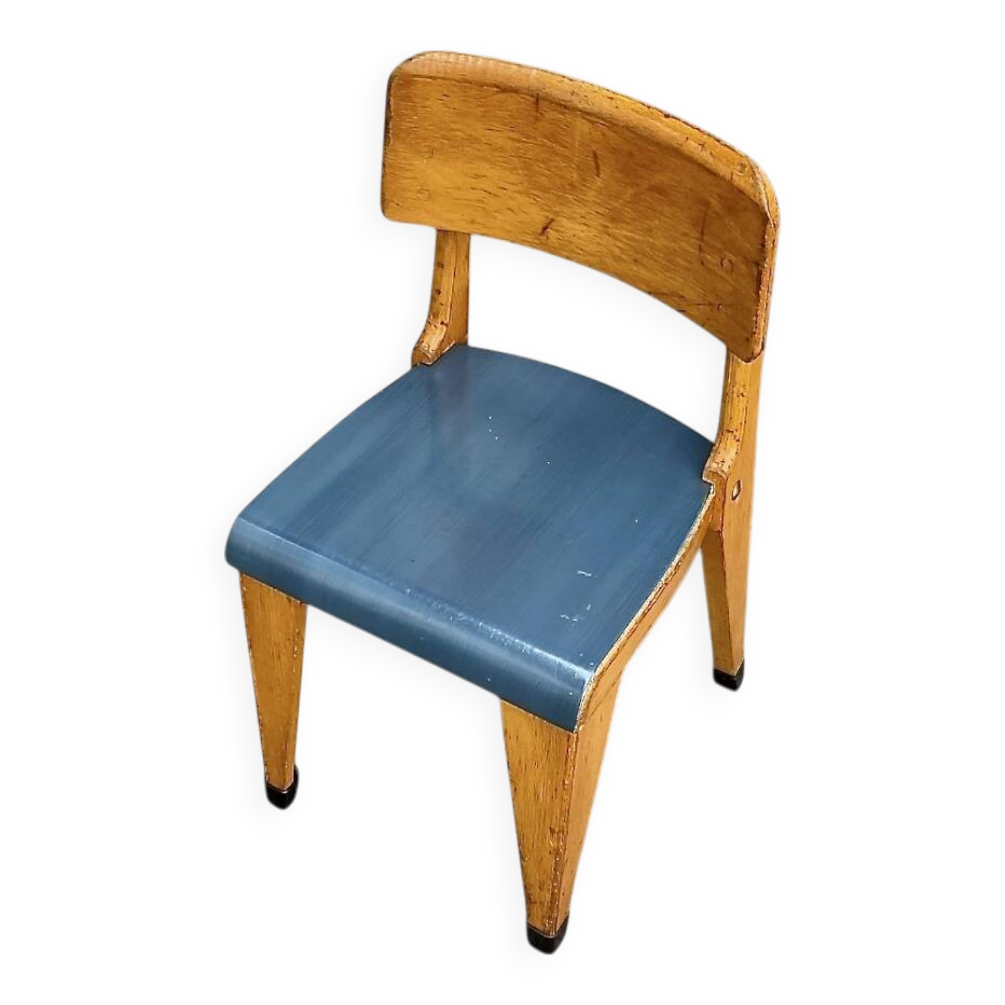 Antique Zabo children's chair (attributed) – varnished wood & blue seat