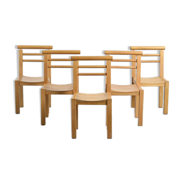 5 solid beech chairs, French craftsmanship, 1980.