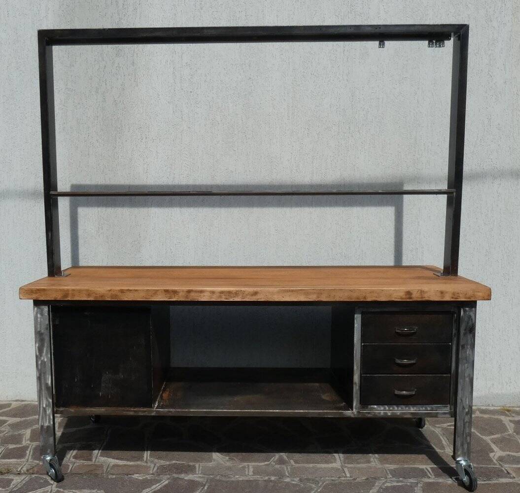 Industrial Island Counter in Steel and Walnut, 1970s