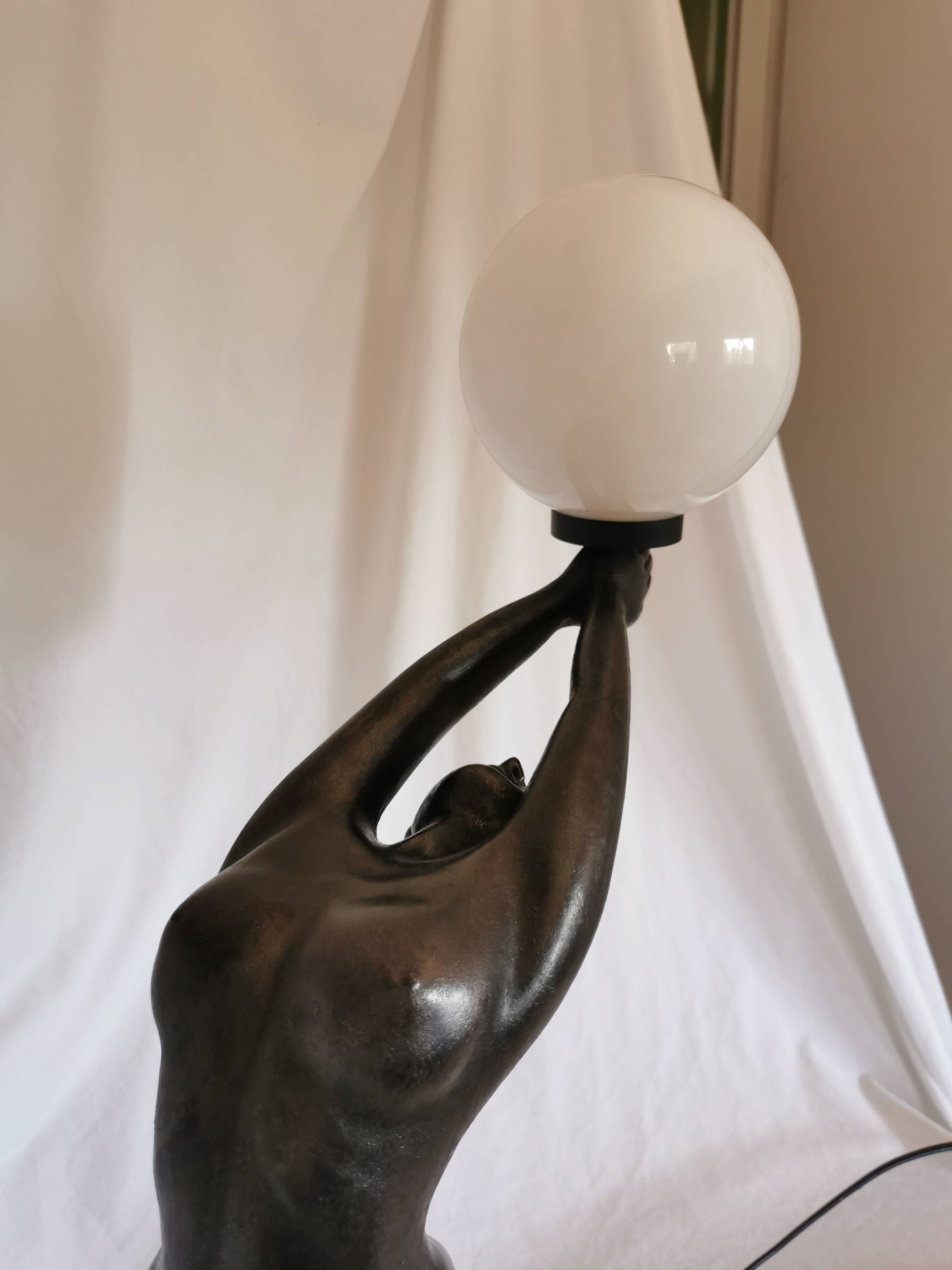 Large lamp, woman with ball, yoga, art deco style, 1980