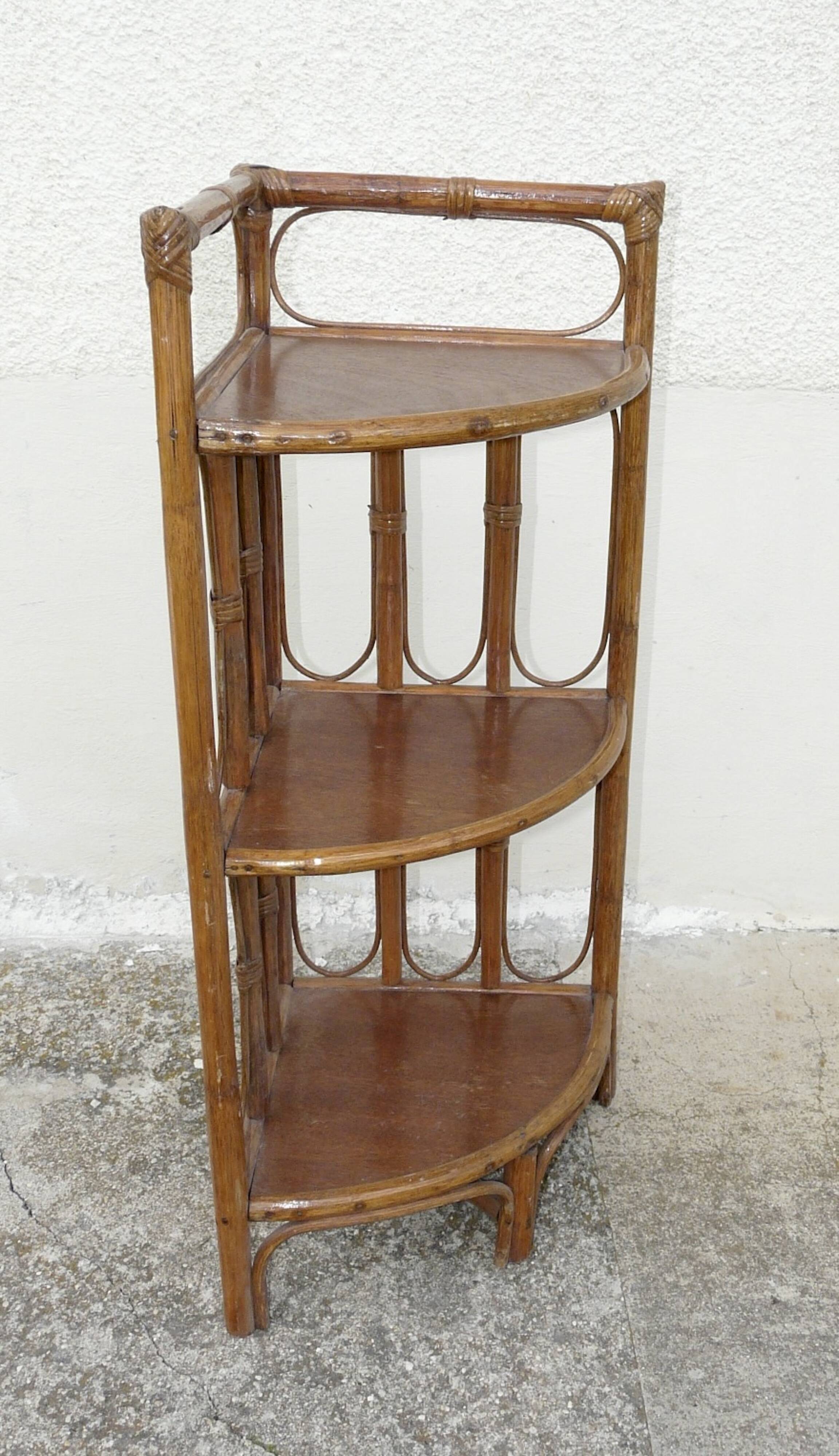 Vintage bamboo and rattan corner shelf 1970