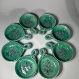 Set of 8 ceramic bowls with leaf decoration, signed Nissy Annecy, vintage