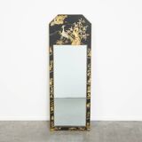 Miroir chinois vintage laqué noir et motifs colorés