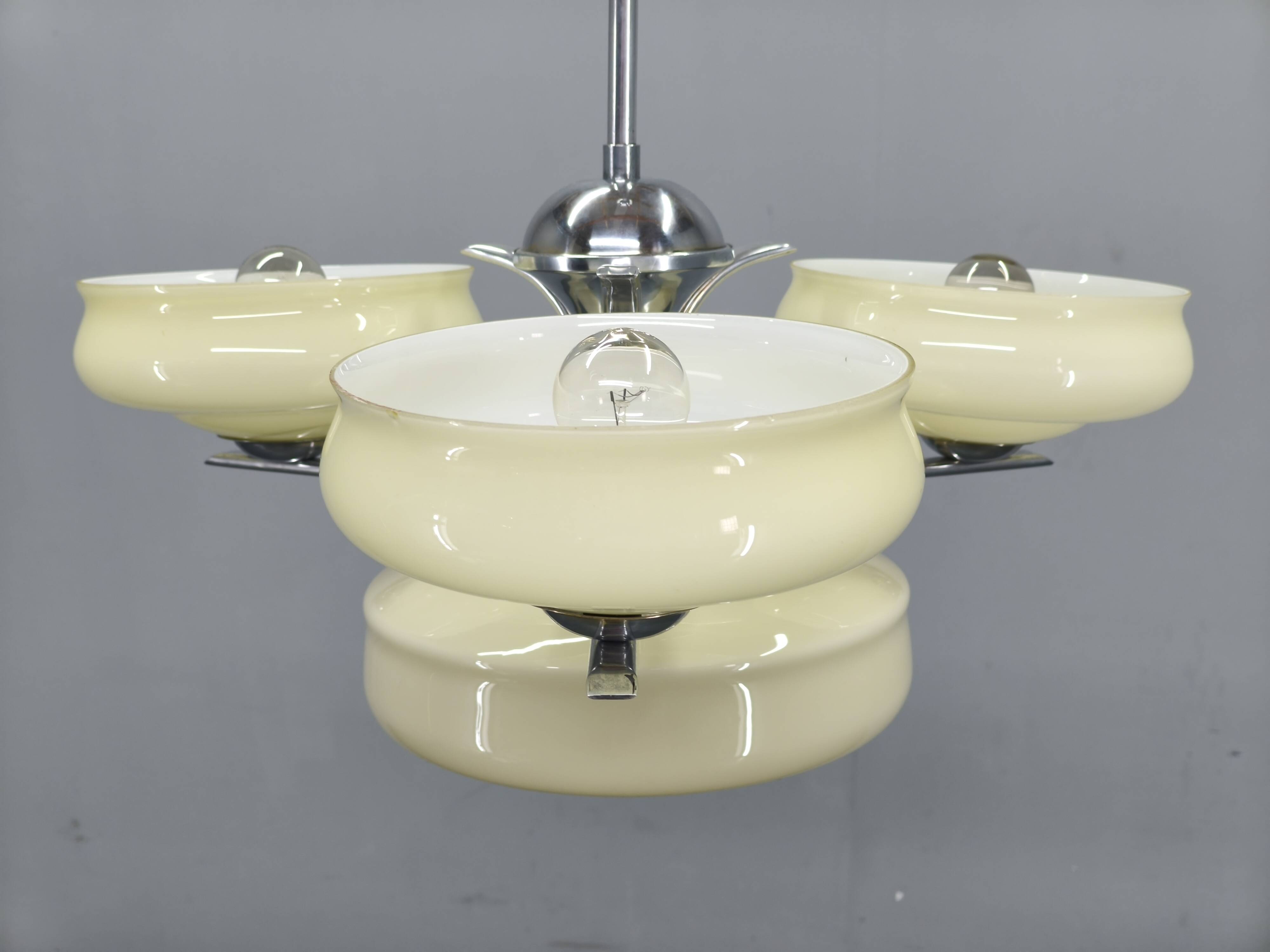 Bauhaus Chandelier Czechoslovakia 1930s Milk Glass Chrome Pendant