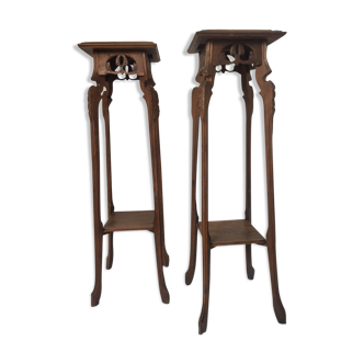 Pair of carved wooden sellette - Art Nouveau style- curved feet with red marble tray