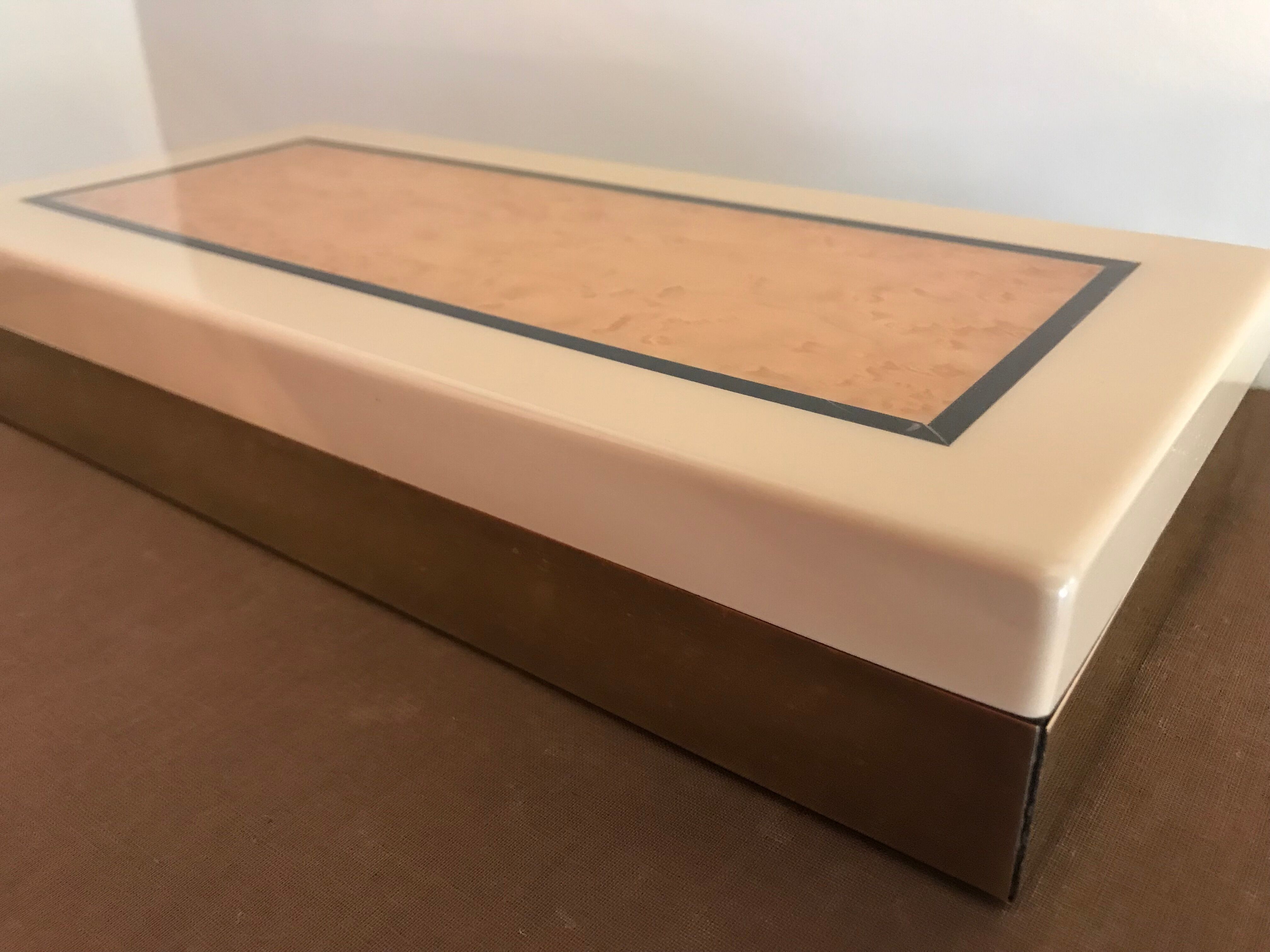 Rectangular mother-of-pearl and brass storage box 1970