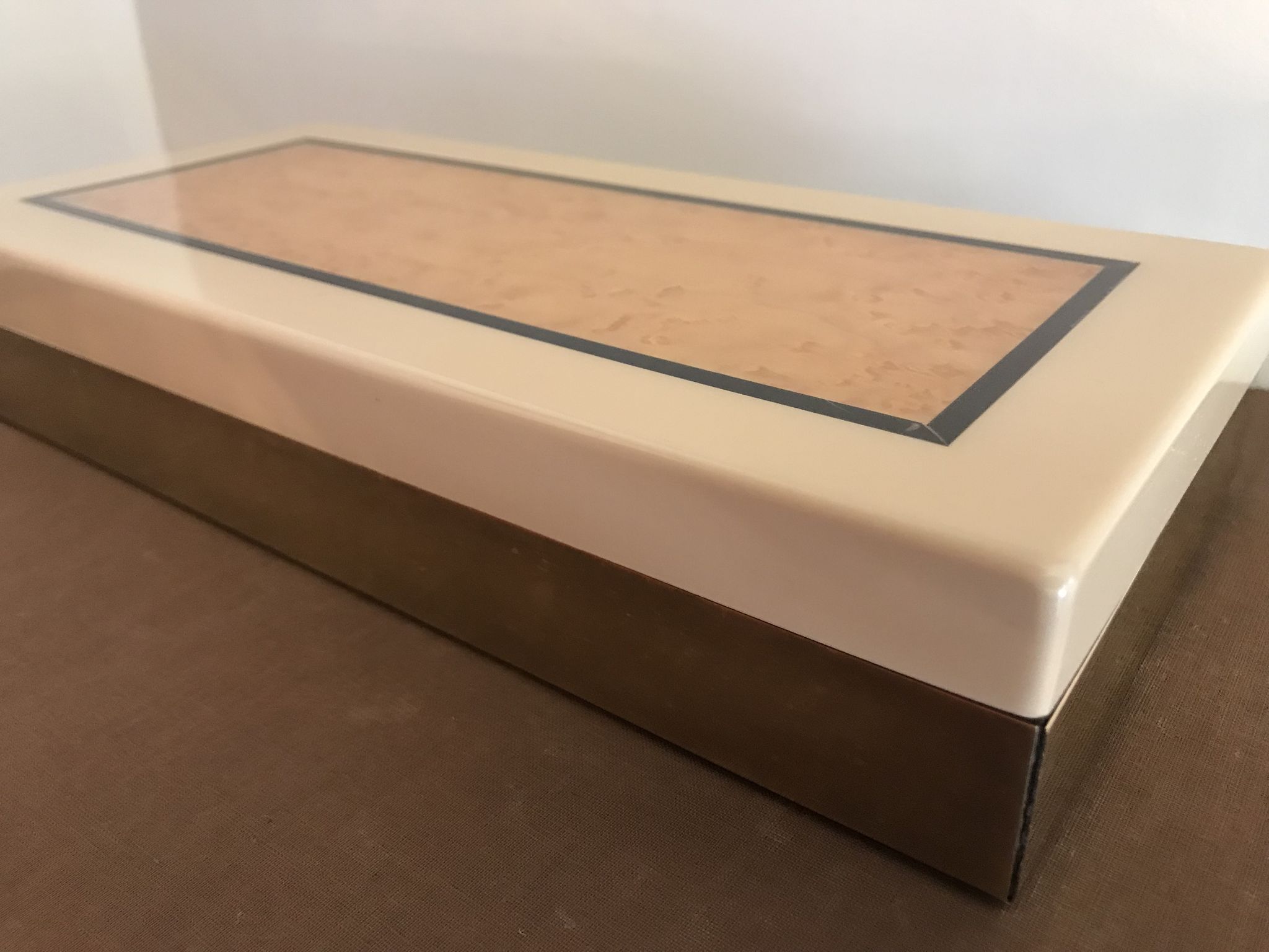 Rectangular mother-of-pearl and brass storage box 1970