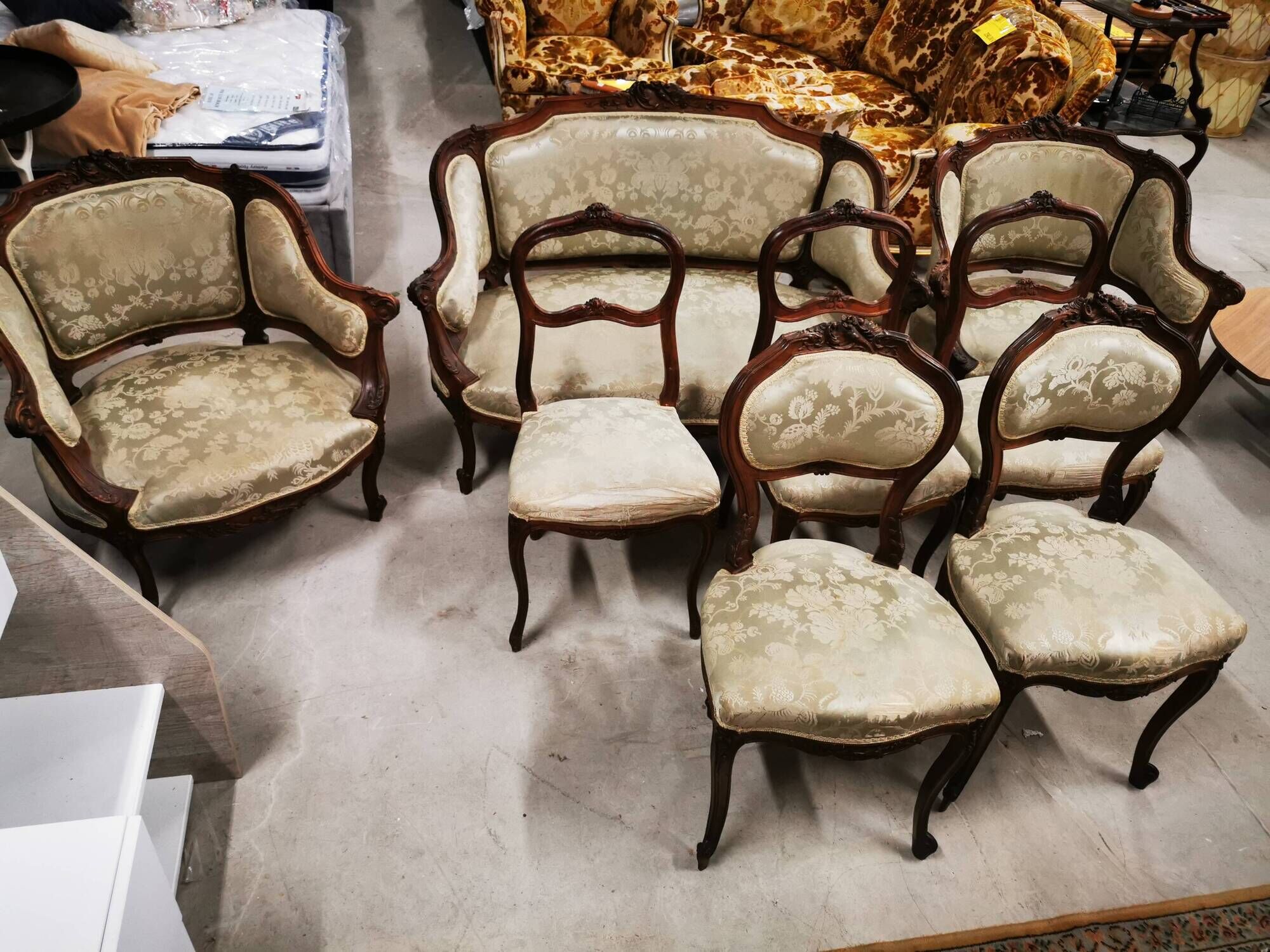 Two-seater bench + two simple armchairs + five Louis XV chairs to be reupholstered