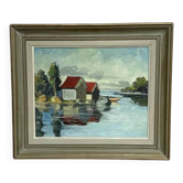 Original Swedish Oil on Canvas – "Houses and Trees", Unknown Artist – Signed, Vintage and Framed – 53.5 x 46 cm (21 x 18 inches)