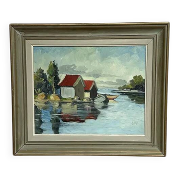 Huile sur toile originale suédoise – "Maisons et arbres", artiste inconnu – Signée, vintage et encadrée – 53,5 x 46 cm (21 x 18 pouces)
