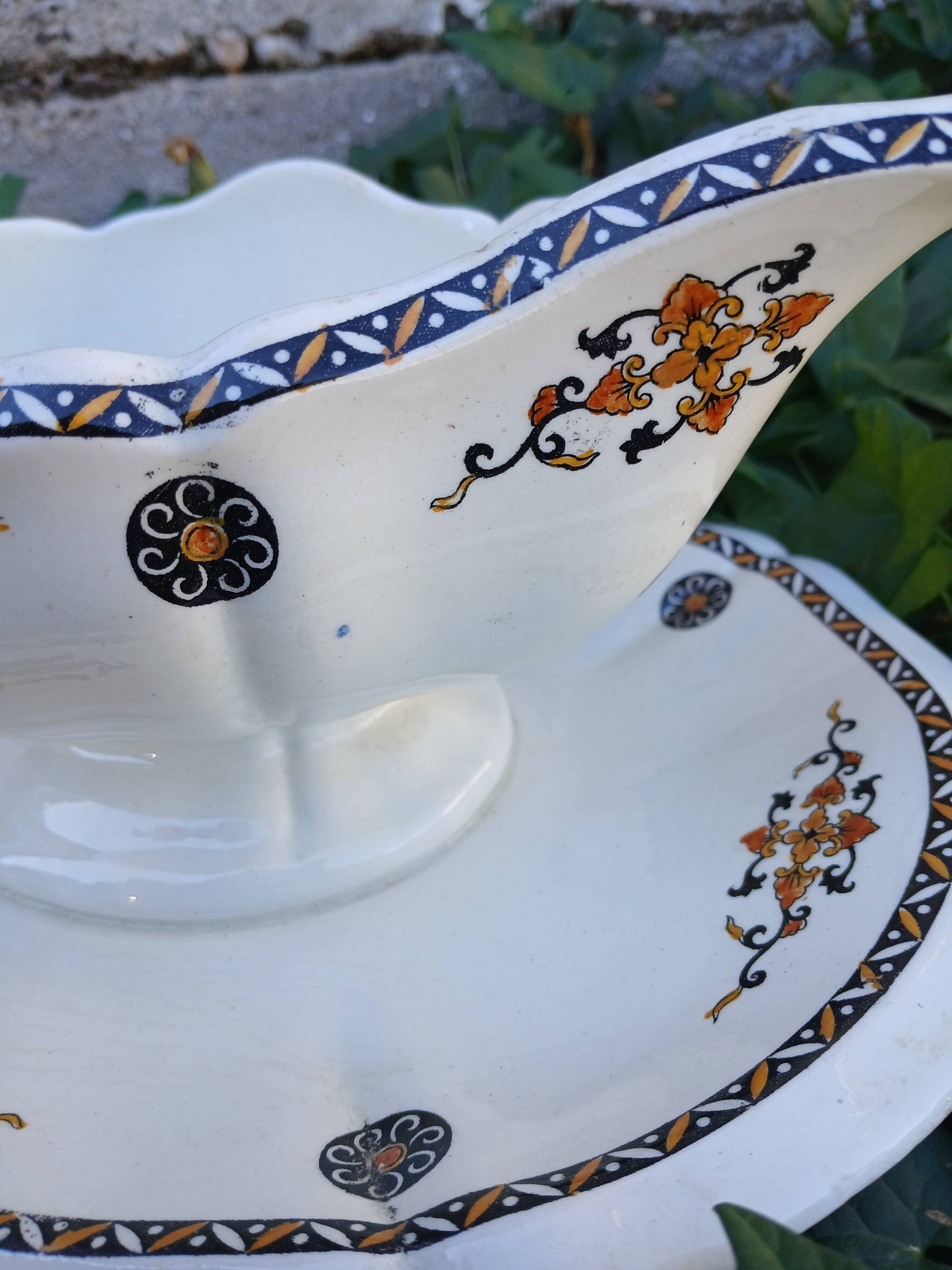 Large antique sauceboat from Gien
