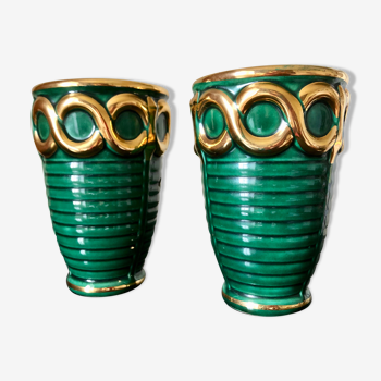 Pair of green and gold art deco vases