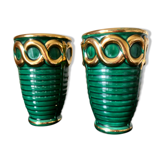 Paire de vases art déco vert et or