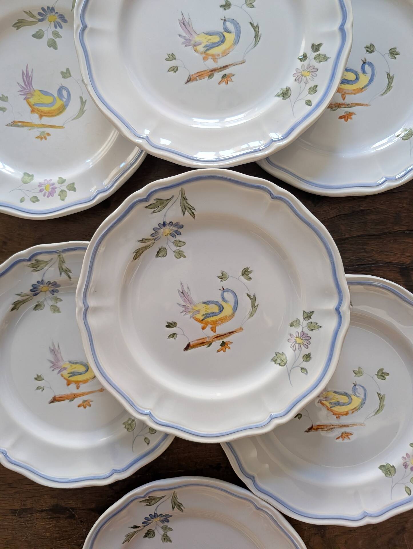 7 hand-painted earthenware dessert plates – France, 1950s