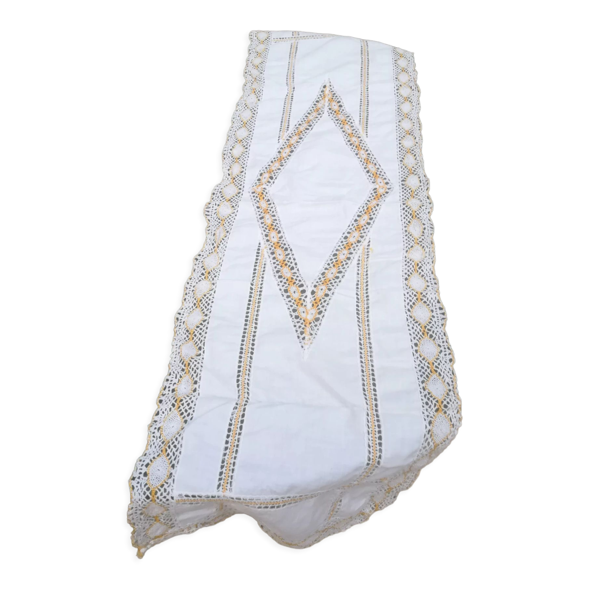 Chemin De Table Ovale Blanc - Broderie Filet Main - Napperon 40x105 Cm