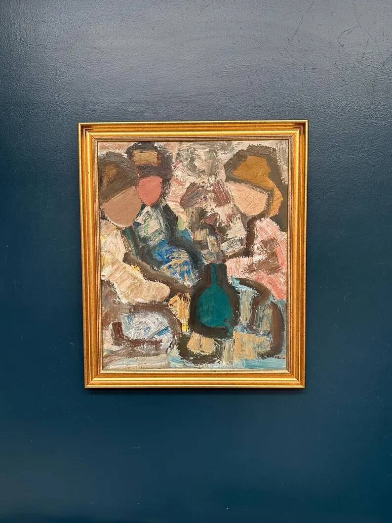 Original Swedish Oil on Canvas – "Family" by Gösta Falck – Signed – Vintage and Framed